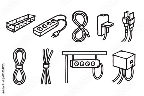 Black and white doodle illustration featuring various electrical cables, connectors, and adapters, creating a clean, minimalist, and modern design, suitable for technical or informational projects.
