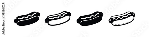 Hot dog icons set. Hand drawn doodle style line art and solid black fast food symbols. American street food snack with ketchup.