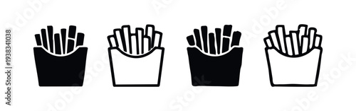 French fries icons set. Hand drawn doodle style line art and solid black fast food potato snack symbols.