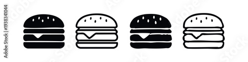 Hamburger icons set. Hand drawn doodle style line art and solid black fast food burger symbols. Classic American sandwich.