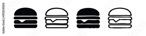 Hamburger icon set in various styles. Fast food meal symbol with bun, patty, cheese, and vegetables. Burger sign collection.