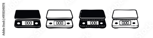 Kitchen scale icon set in various styles. Digital food weighing machine for precise ingredient measurement. Baking and cooking tools collection.