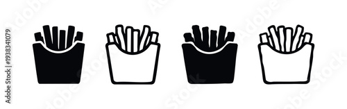 French fries icon set in various styles. Crispy potato sticks in a paper box symbol. Fast food snack collection.