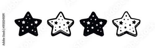 Decorated star cookie icon set in various styles. Festive treat symbol with sprinkles, perfect for holidays and celebrations.