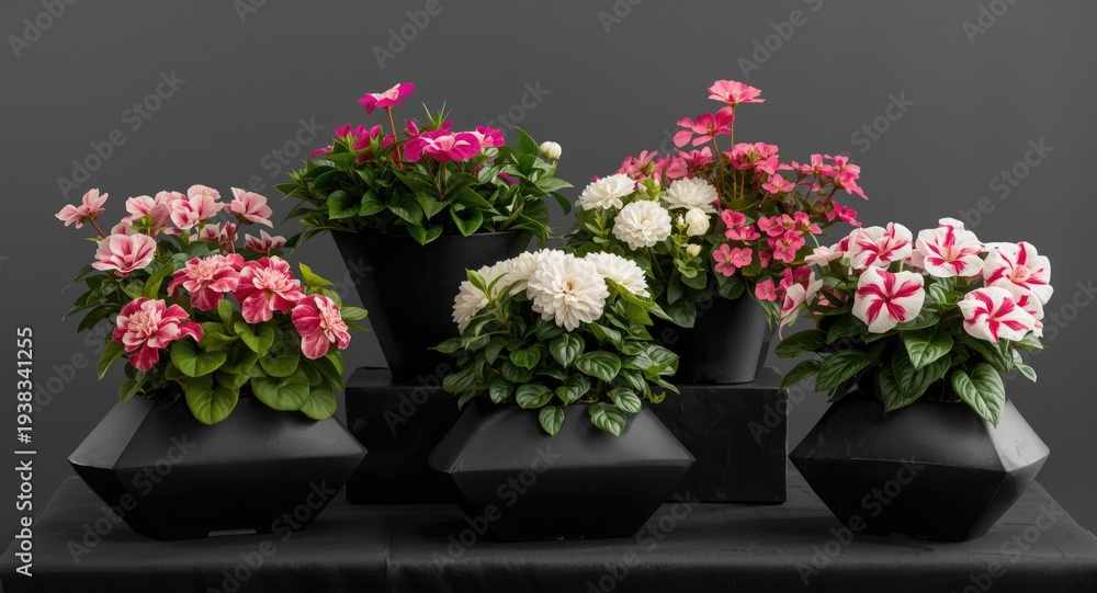 Fototapeta premium Colorful display of potted pink and white blossoms in sleek black containers on a modern dark tabletop highlighting floral charm and garden artistry