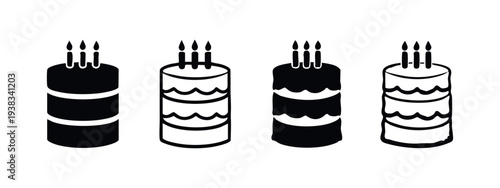 Birthday cake with three candles icons set, hand drawn black celebration dessert outline and solid silhouette symbols, party vector.