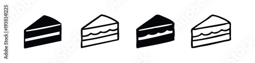 Cake slice icons set, hand drawn black dessert wedge outline and solid silhouette symbols, sweet food vector illustration.