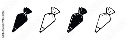 Pastry bag icons set, hand drawn black piping bag outline and solid silhouette symbols, baking tool vector illustration.