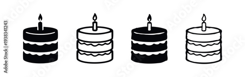 Birthday cake with one candle icons set, hand drawn black celebration dessert outline and solid silhouette symbols, party vector.