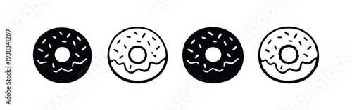 Donut with Sprinkles and Icing Icons in Various Styles for Sweet Dessert Themes