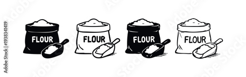 Set of flour bag and scoop icons in various styles. Baking ingredient and kitchen tool.