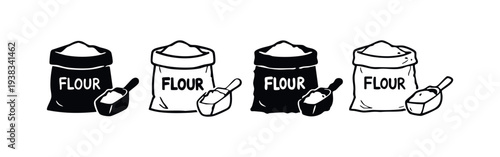 Collection of flour bag and scoop icons in various styles. Essential for baking and cooking.