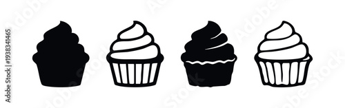 Set of cupcake icons in various styles. Sweet dessert with frosting for celebrations.
