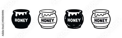 Set of Hand-Drawn Honey Jar Icons with Dripping Honey and Text, Black and White Vector Art