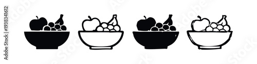 Fruit Bowl Collection Icons with Apple, Grapes, and Banana in Doodle Style