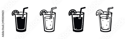 Refreshing Drink Glass Icons with Straw and Citrus Slice in Black and White