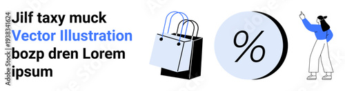 Shopping bags, percentage symbol, and woman pointing upward. Ideal for e-commerce, sales, promotions, retail, advertising, marketing, online stores Landing page