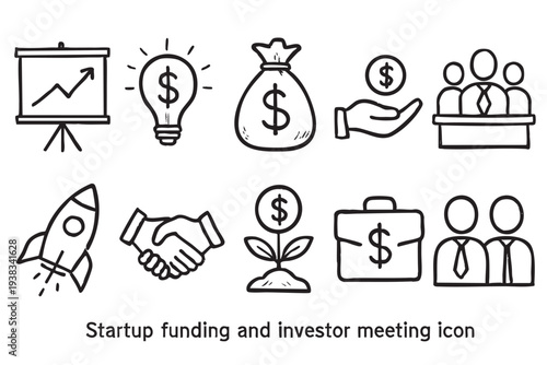 Black and white doodle style icon set representing startup funding, investor meetings and business growth on a clean, white background.