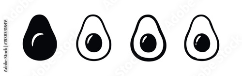 Avocado Icons Set in Various Black and White Hand Drawn Styles