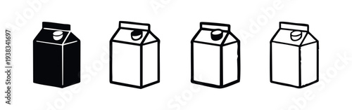 Milk Carton Box Icon Set - Dairy Beverage Black and White Vector Illustration
