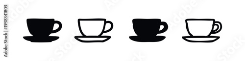 Hand-drawn coffee cups and mugs with saucers icon set. Black and white outline and filled illustration.
