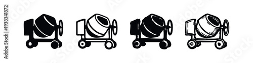 Hand-drawn cement mixers icon set with various styles. Black and white outline and filled illustrations.