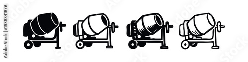 Hand-drawn cement mixers from side view icon set. Black and white outline and filled illustrations.
