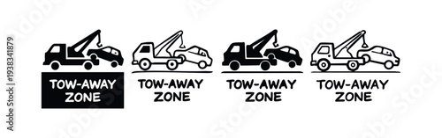 Hand-drawn tow-away zone signs with tow truck icon set. Black and white outline and filled illustrations.