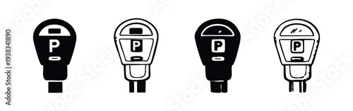 Hand-drawn parking meters icon set. Black and white outline and filled illustrations for urban design.
