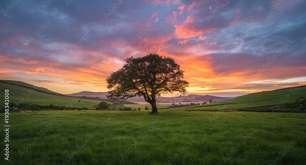 Obraz premium Calm landscape capturing single tree in green valley under vivid sunset skies