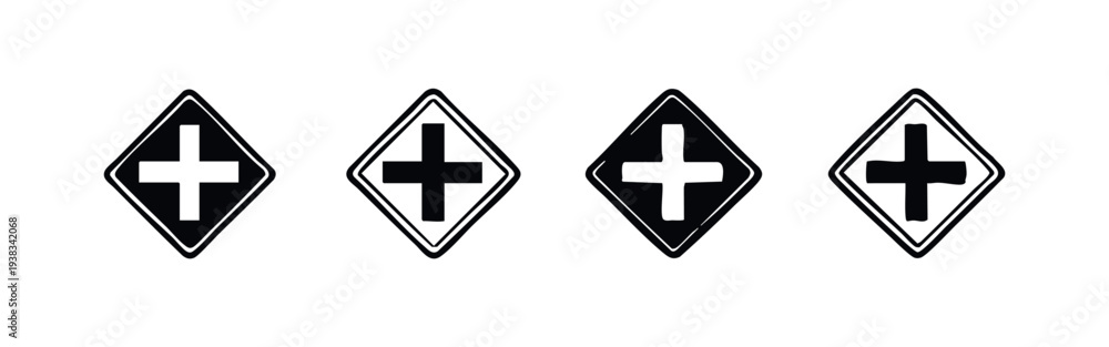 Fototapeta premium Crossroads Warning Sign Icon Set - Intersection Ahead Road Symbol