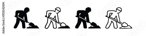 Road Work Ahead Icon Set. Construction Worker Digging with Shovel Symbol