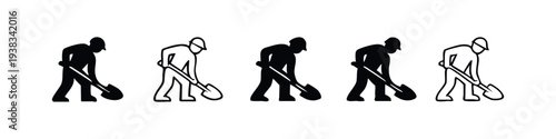 Construction Work in Progress Icon Set. Road Maintenance Worker with Shovel Symbol