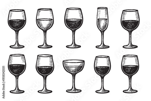 Hand-drawn illustration featuring a variety of wine glasses, perfect for backgrounds, menus, and design projects needing a touch of sketched elegance.