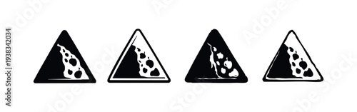Falling Rocks Warning Sign Icon Set. Caution Rockfall Symbol Vector
