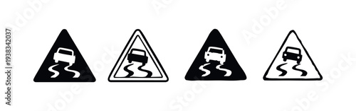Slippery Road Warning Sign Icon Set. Caution Wet Road Symbol Vector
