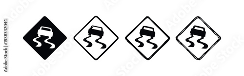 Slippery Road Warning Sign Icon Set - Danger Ahead Symbol for Wet and Icy Driving Conditions