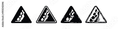 Falling Rocks Warning Sign Icon Set - Danger of Rockfall Ahead Road Symbol