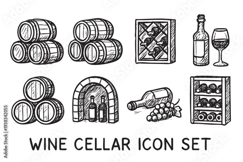 Collection of hand-drawn wine cellar icons featuring barrels, wine racks, bottles, and grapes, perfect for illustrating vineyards and fine dining.