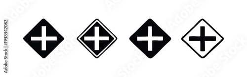 Crossroads Warning Sign Icon Set - Intersection Ahead Road Symbol