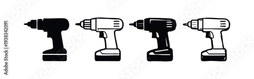 Cordless Drill Icons Set. Power Tool Silhouette and Outline Vector Illustration.