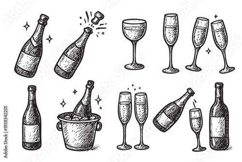 A hand-drawn, black and white sketch featuring champagne bottles, glasses, and celebratory scenes, perfect for invitations, logos, menus, or creating a festive atmosphere.
