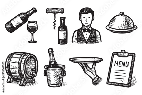 Black and white vector illustration of restaurant service items, including wine, waiter, barrel, menu, and dish on a white background, creating a vintage sketch aesthetic.