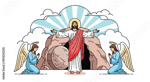 Jesus Christ standing in front of an empty tomb with two praying angels