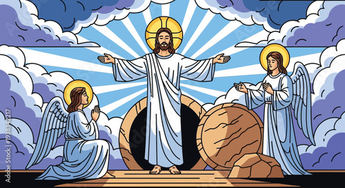 Jesus Christ standing in front of an empty tomb with angels