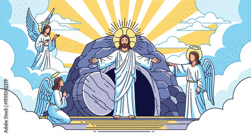Jesus Christ standing in front of an empty tomb with angels