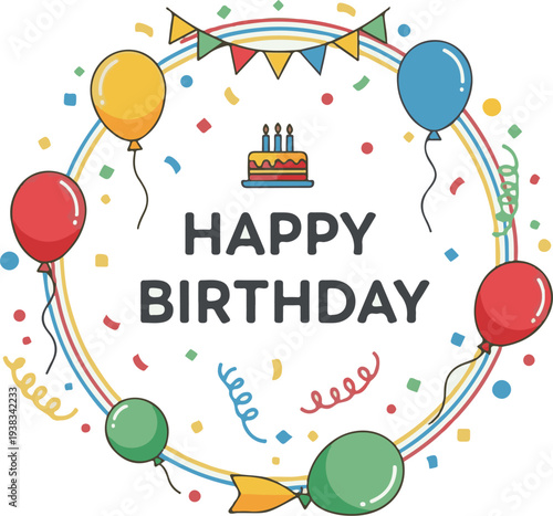 A colorful illustration celebrating a happy birthday with balloons and confetti