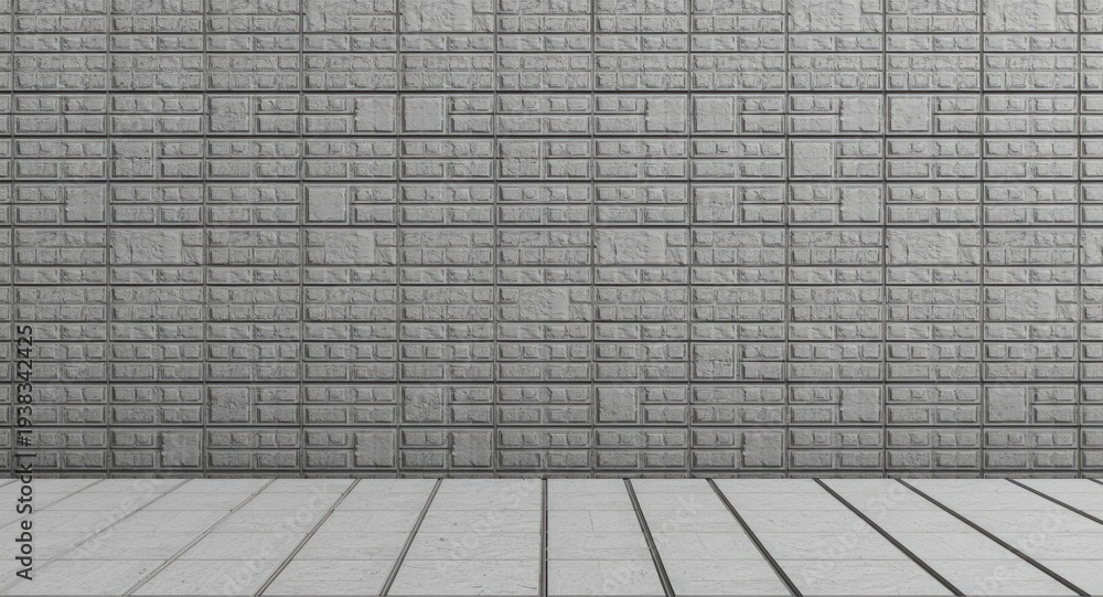Fototapeta premium Architectural exterior wall and floor design featuring patterned square concrete block tiles in grey
