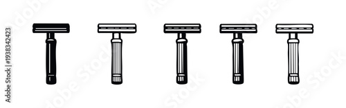 Vintage Safety Razor Icon Set - Double Edge Shaving Tools for Men's Hygiene, Solid and Line Art