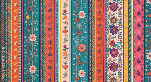 colorful striped fabric featuring floral and leafy motifs